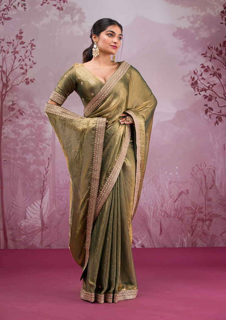 Rama Green Threadwork Tissue Saree