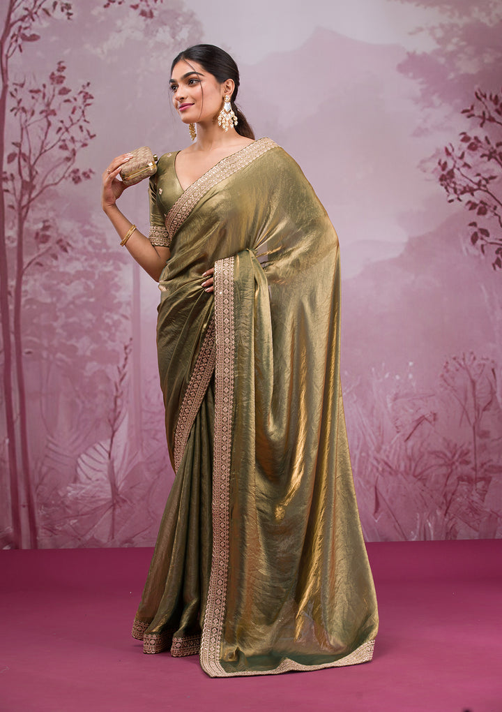 Rama Green Threadwork Tissue Saree