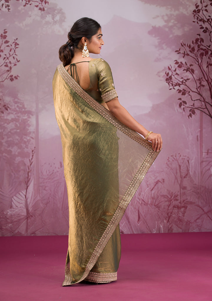Rama Green Threadwork Tissue Saree