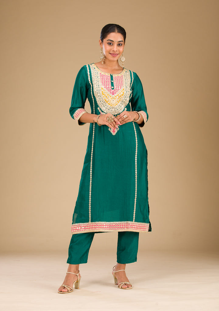 Rama Green Zariwork Semi Crepe Readymade Salwar Suit