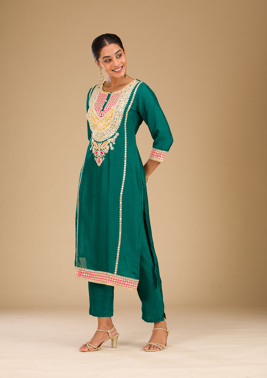 Rama Green Zariwork Semi Crepe Readymade Salwar Suit