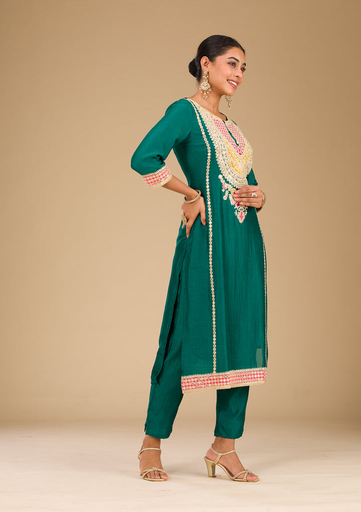 Rama Green Zariwork Semi Crepe Readymade Salwar Suit