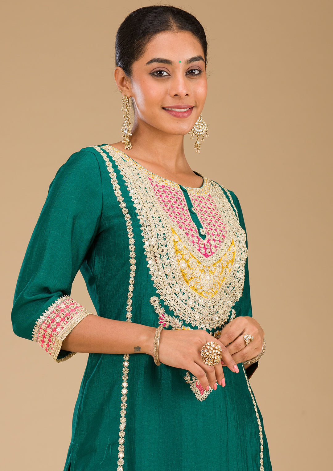 Rama Green Zariwork Semi Crepe Readymade Salwar Suit
