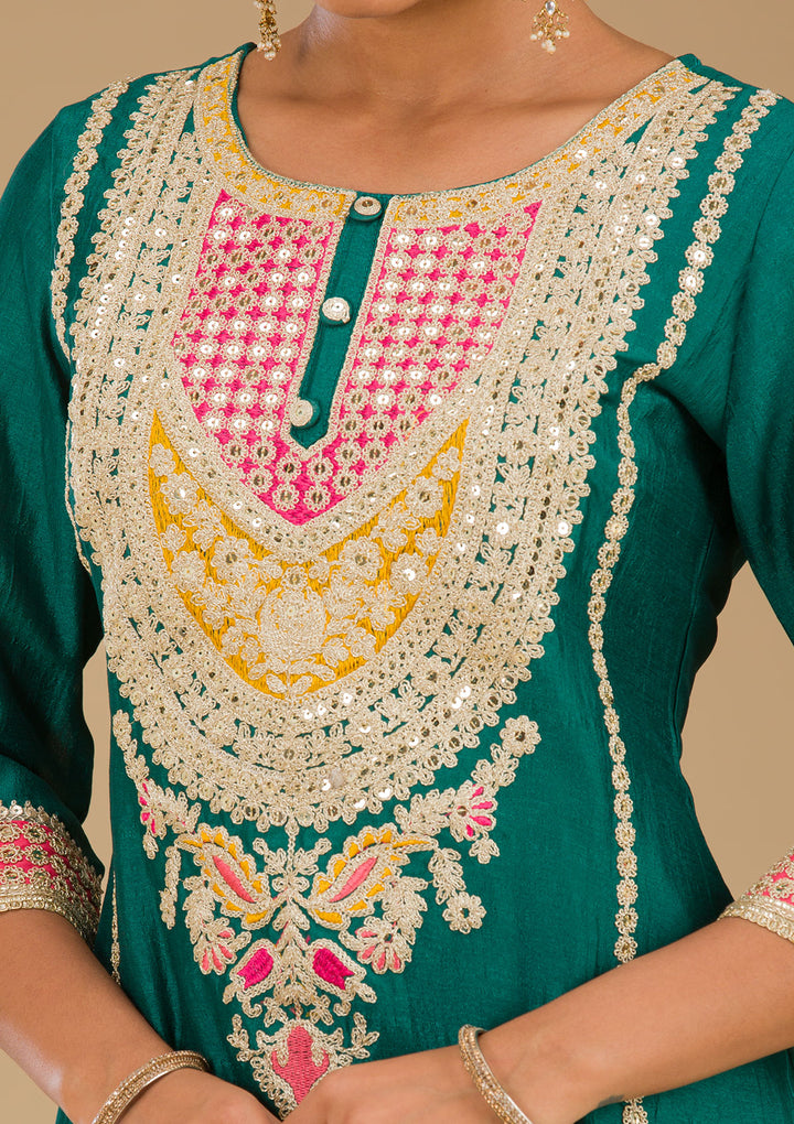 Rama Green Zariwork Semi Crepe Readymade Salwar Suit