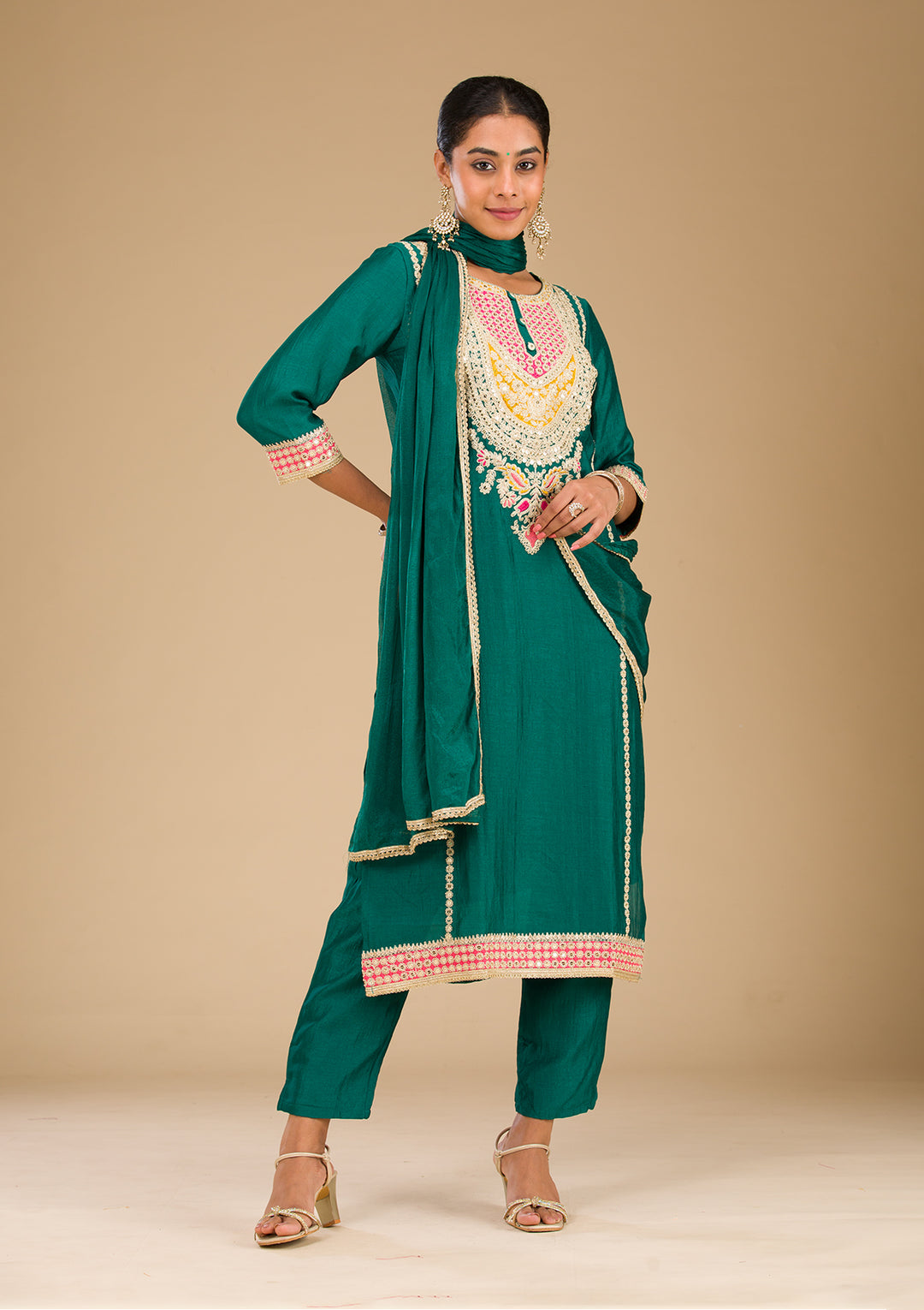 Rama Green Zariwork Semi Crepe Readymade Salwar Suit