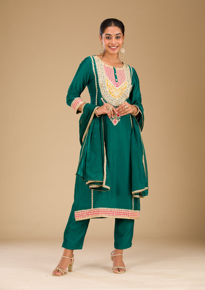 Rama Green Zariwork Semi Crepe Readymade Salwar Suit