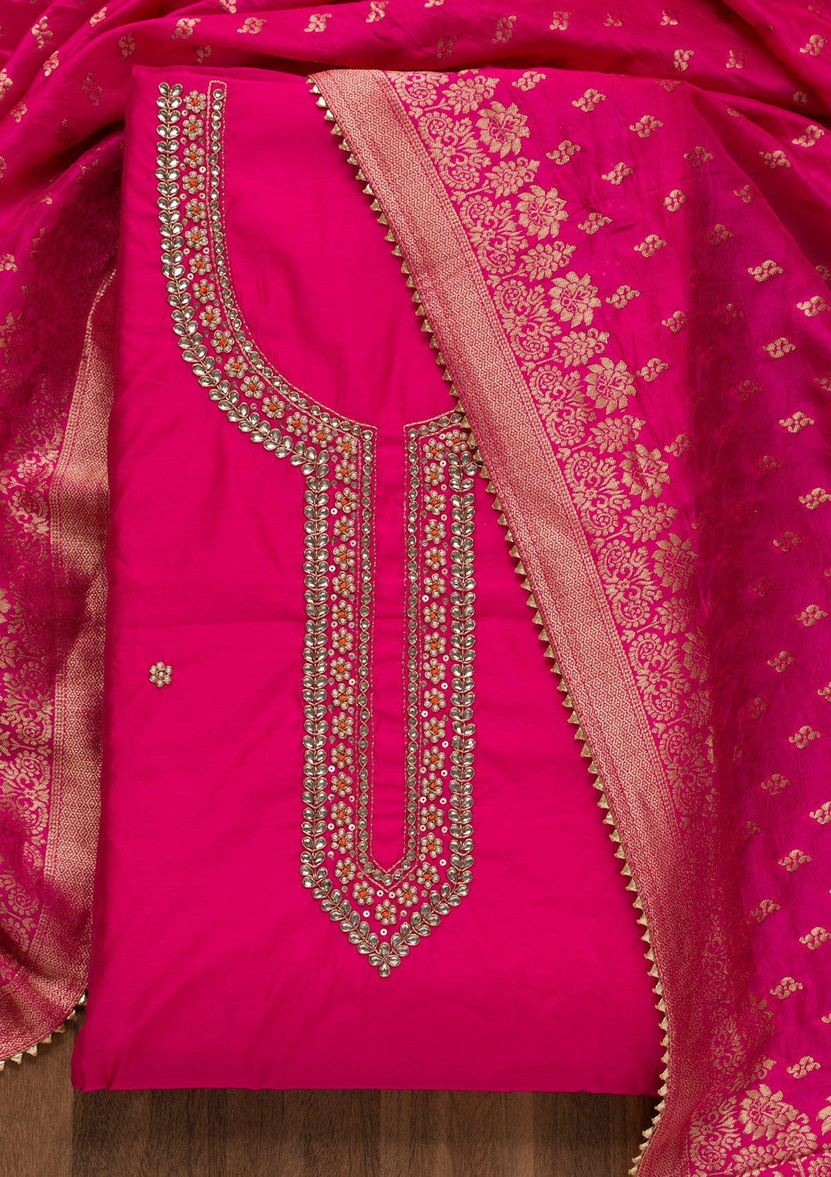 Rani Pink Pearlwork Raw Silk Unstitched Salwar Suit