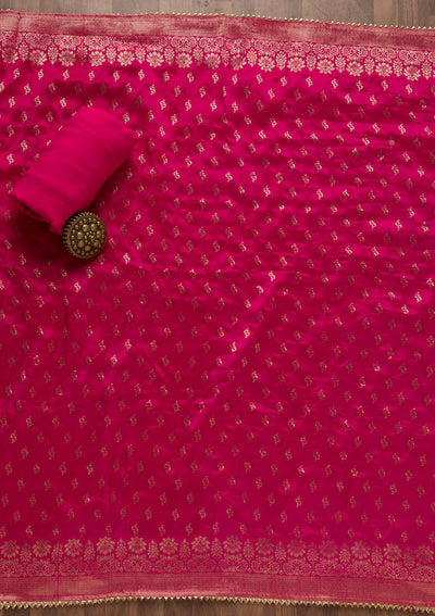 Rani Pink Pearlwork Raw Silk Unstitched Salwar Suit