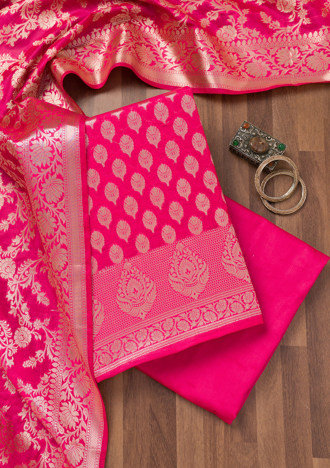 Rani Pink Zariwork Banarasi Unstitched Salwar Suit