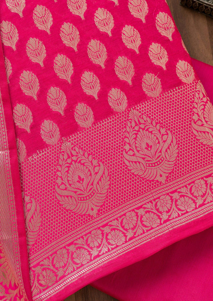 Rani Pink Zariwork Banarasi Unstitched Salwar Suit