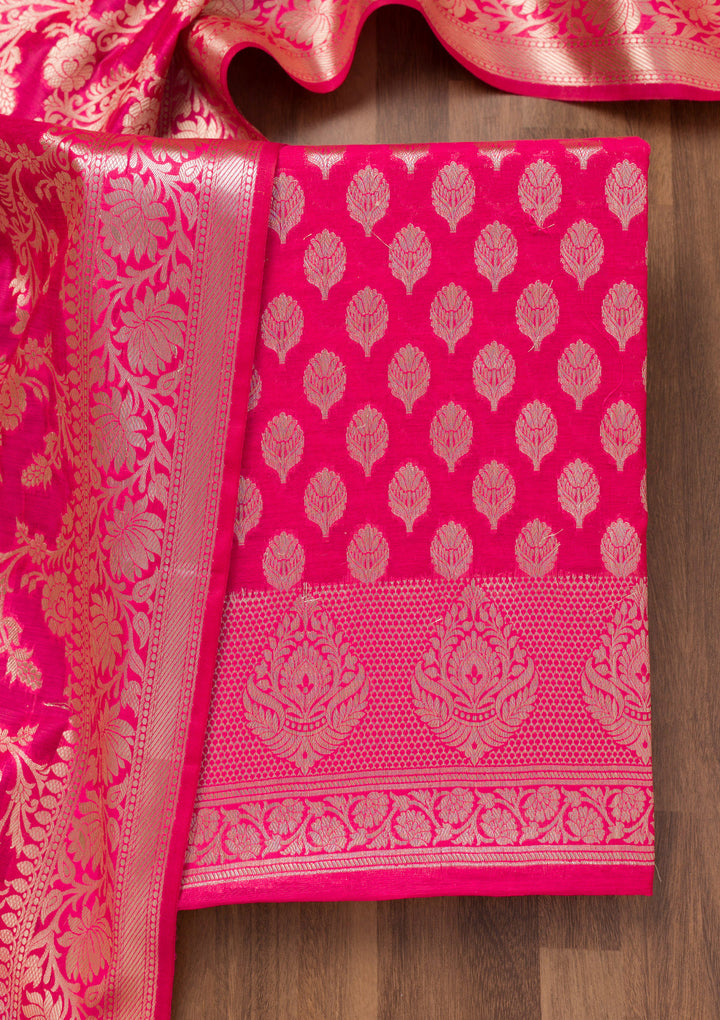 Rani Pink Zariwork Banarasi Unstitched Salwar Suit
