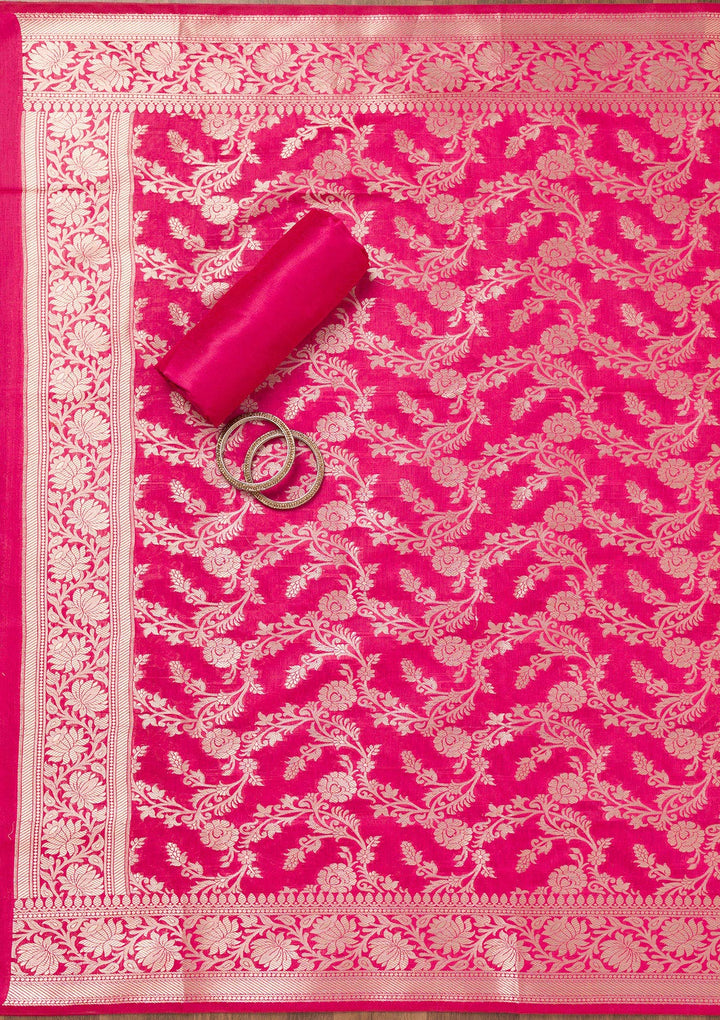 Rani Pink Zariwork Banarasi Unstitched Salwar Suit