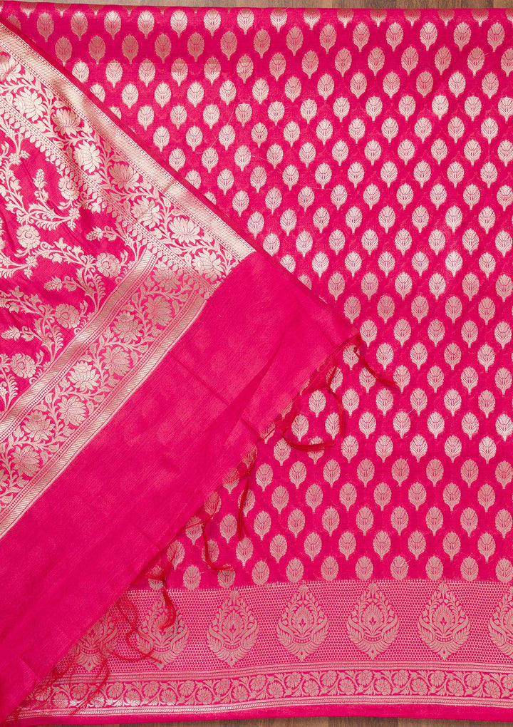 Rani Pink Zariwork Banarasi Unstitched Salwar Suit