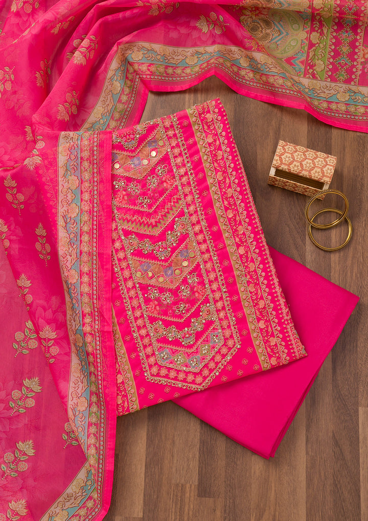 Rani Pink Printed Chanderi Unstitched Salwar Suit