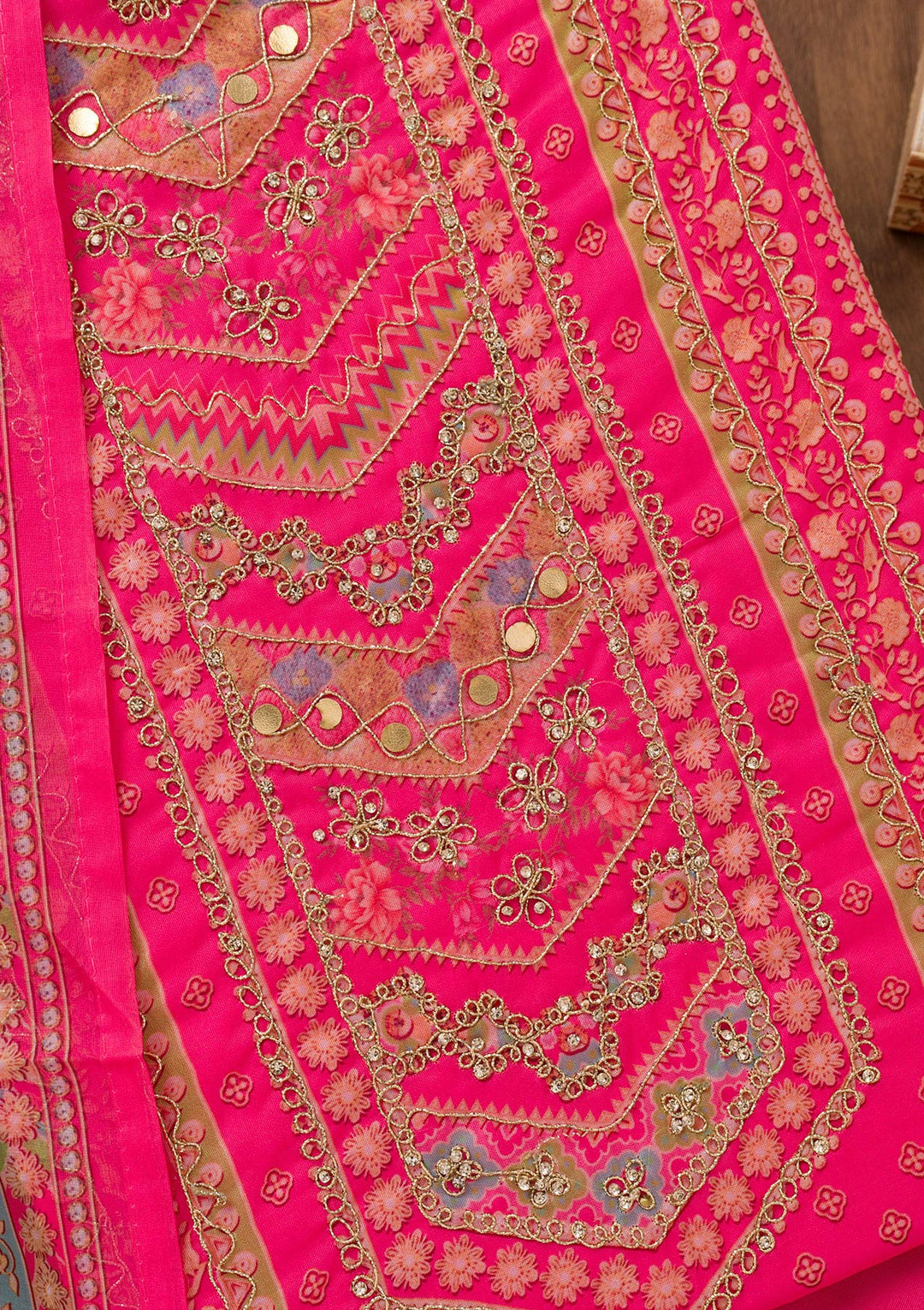 Rani Pink Printed Chanderi Unstitched Salwar Suit