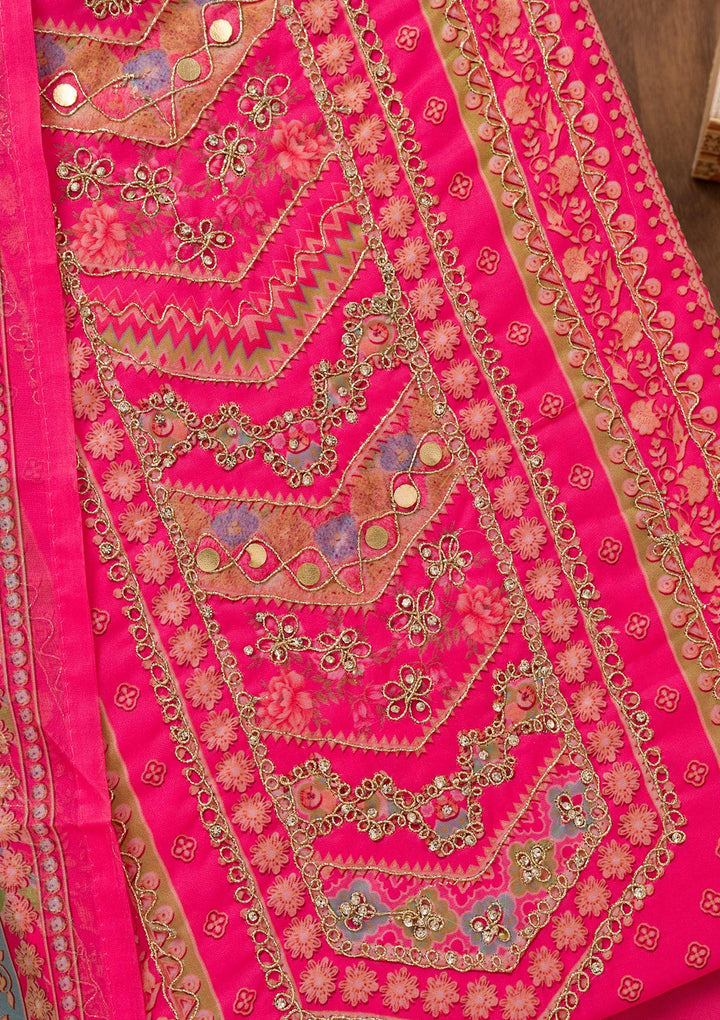 Rani Pink Printed Chanderi Unstitched Salwar Suit