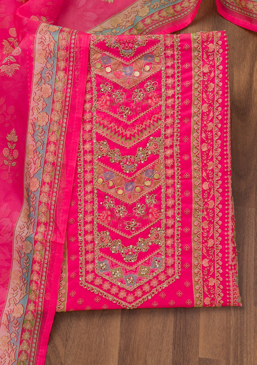 Rani Pink Printed Chanderi Unstitched Salwar Suit