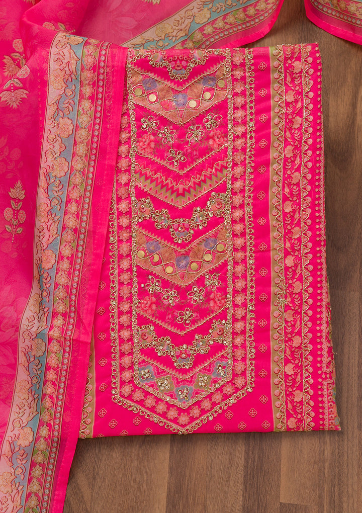 Rani Pink Printed Chanderi Unstitched Salwar Suit