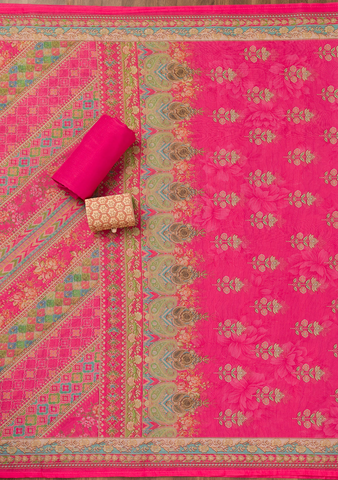 Rani Pink Printed Chanderi Unstitched Salwar Suit