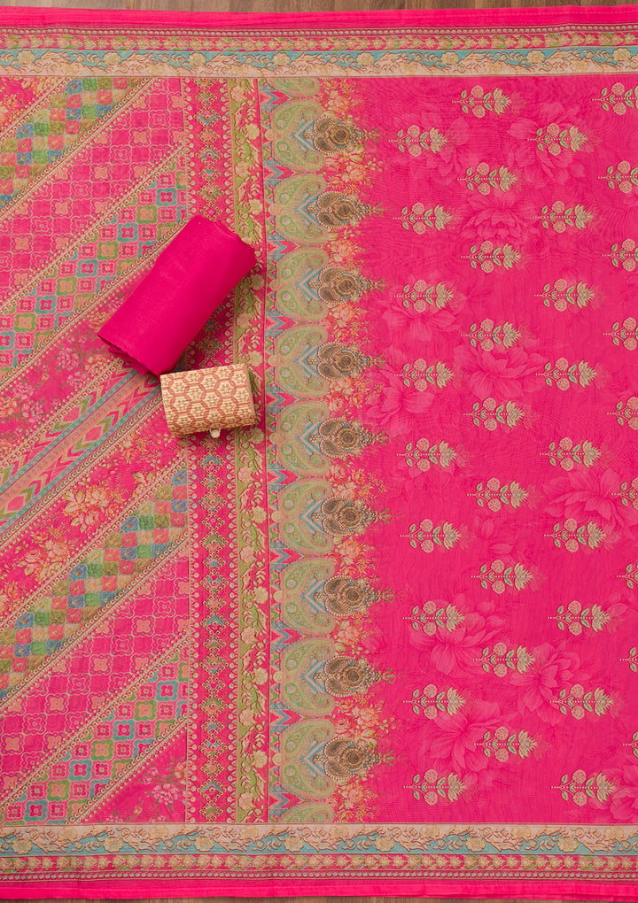 Rani Pink Printed Chanderi Unstitched Salwar Suit