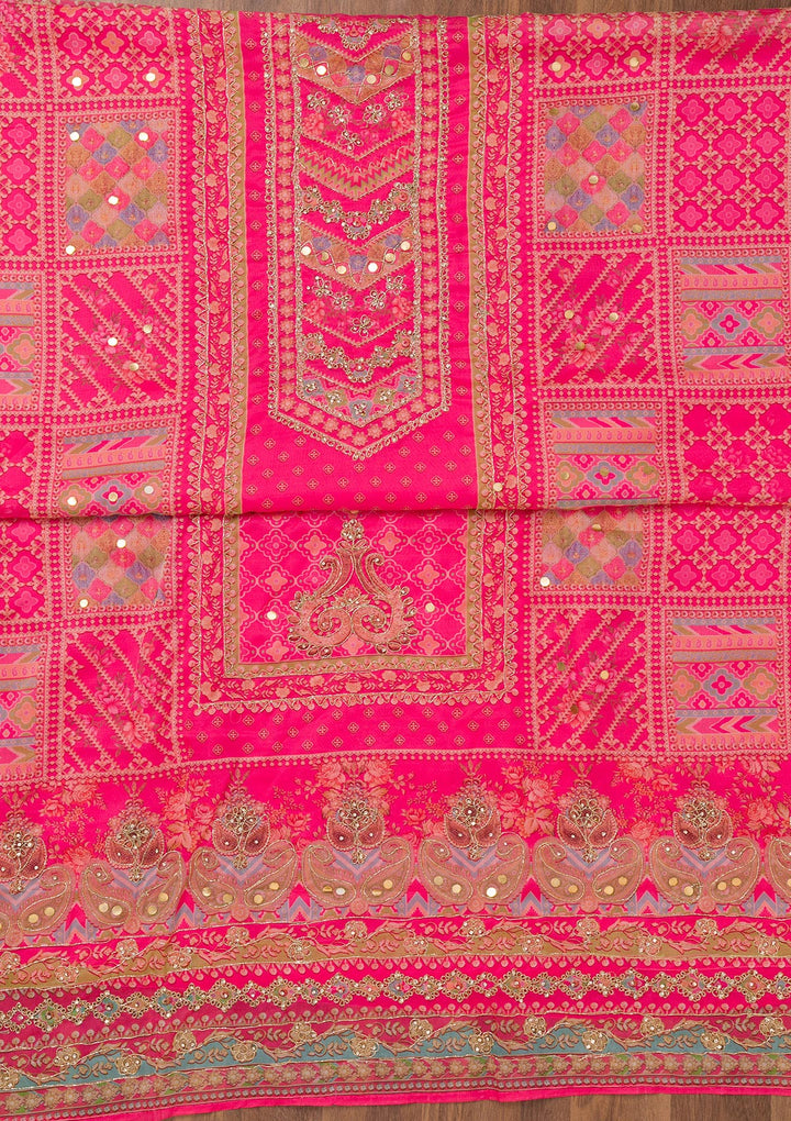 Rani Pink Printed Chanderi Unstitched Salwar Suit