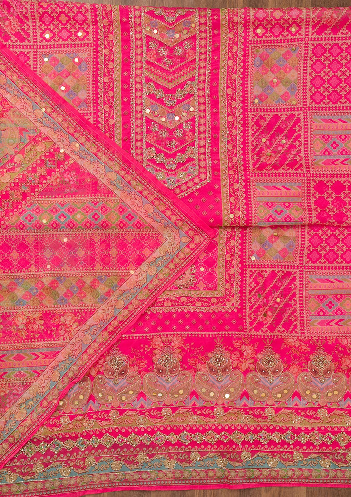 Rani Pink Printed Chanderi Unstitched Salwar Suit