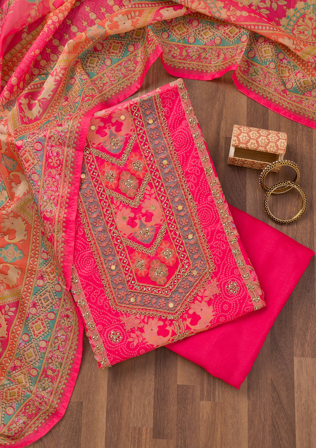 Rani Pink Printed Chanderi Unstitched Salwar Suit