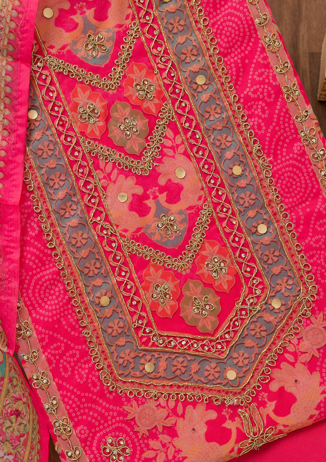Rani Pink Printed Chanderi Unstitched Salwar Suit