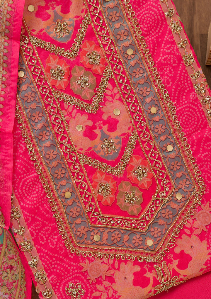 Rani Pink Printed Chanderi Unstitched Salwar Suit