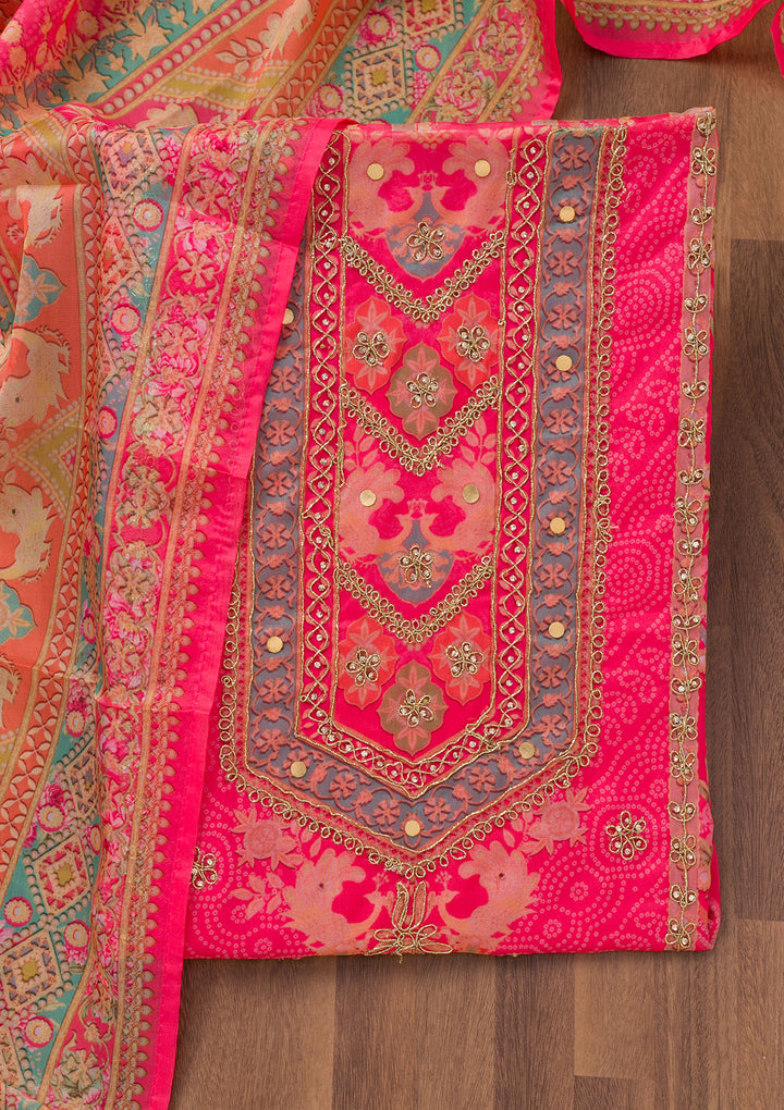 Rani Pink Printed Chanderi Unstitched Salwar Suit