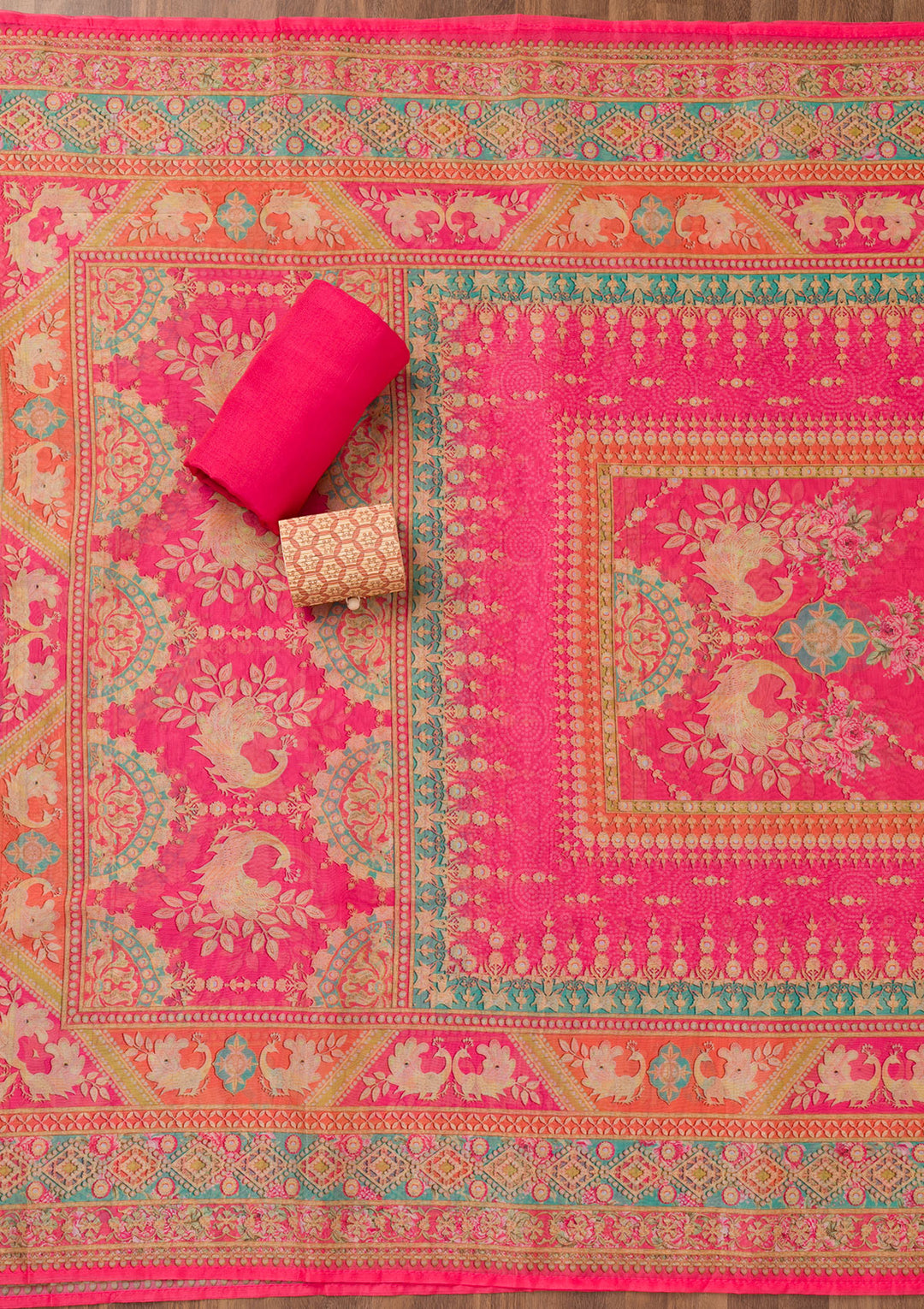 Rani Pink Printed Chanderi Unstitched Salwar Suit
