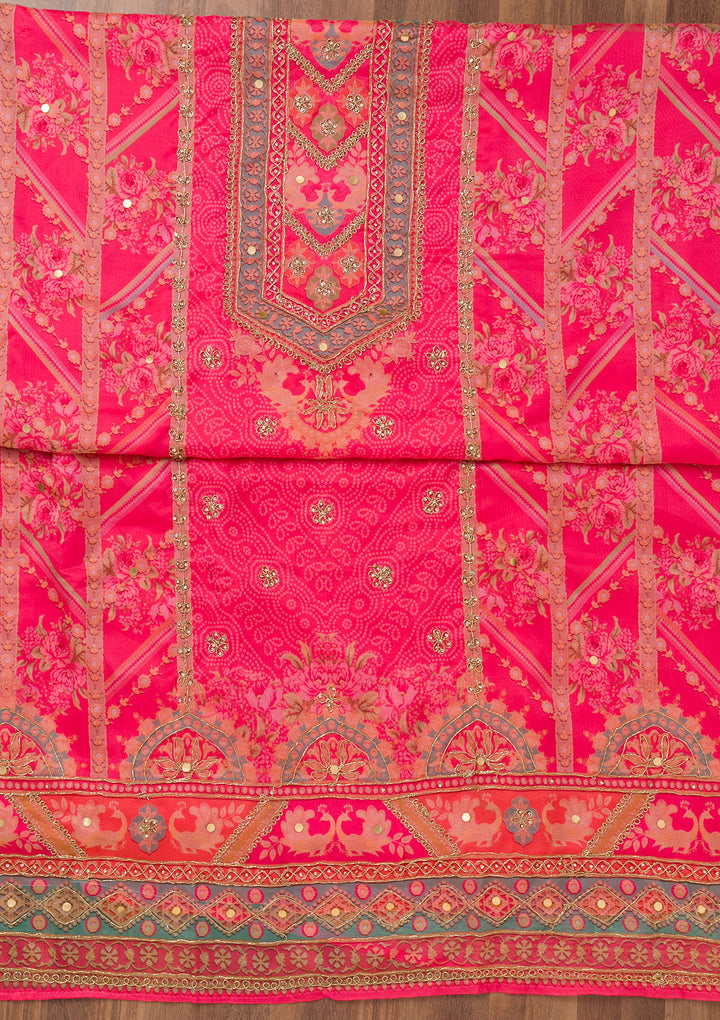 Rani Pink Printed Chanderi Unstitched Salwar Suit
