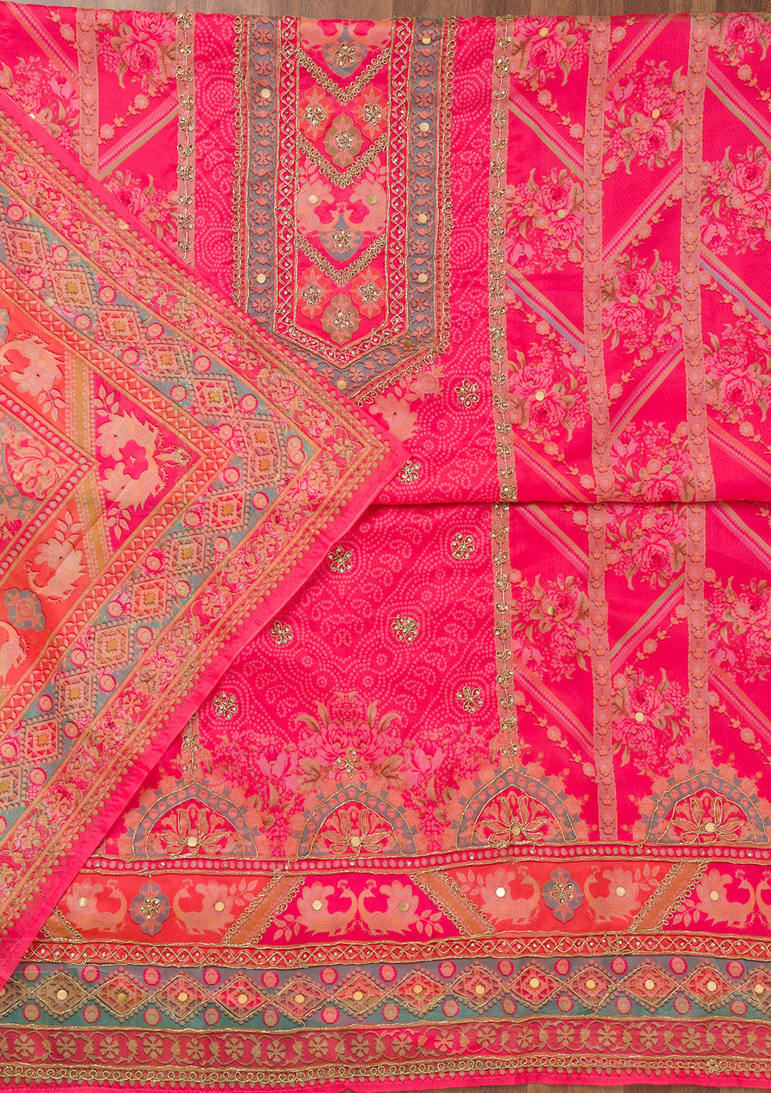 Rani Pink Printed Chanderi Unstitched Salwar Suit