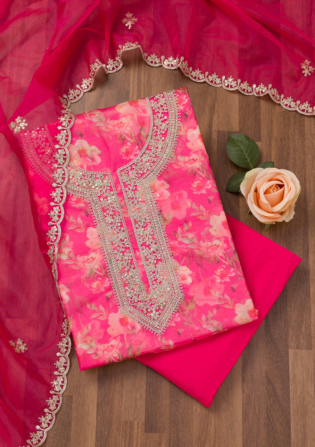 Rani Pink Printed Organza Unstitched Salwar Suit