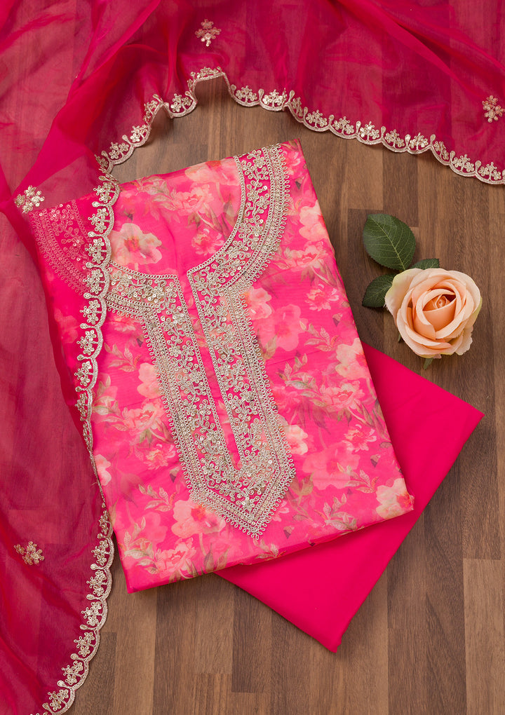 Rani Pink Printed Organza Unstitched Salwar Suit