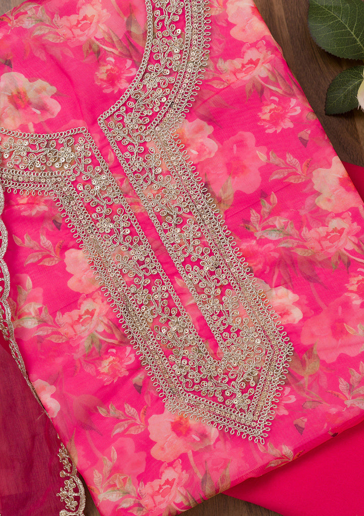 Rani Pink Printed Organza Unstitched Salwar Suit