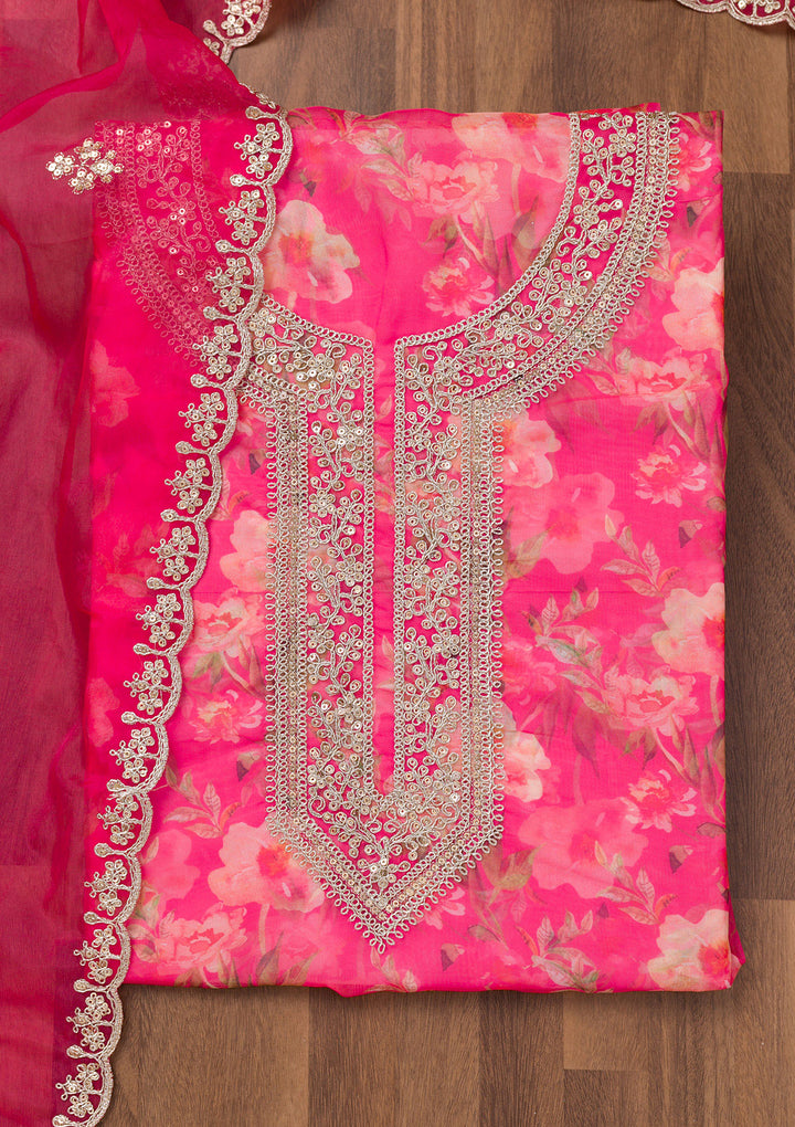 Rani Pink Printed Organza Unstitched Salwar Suit