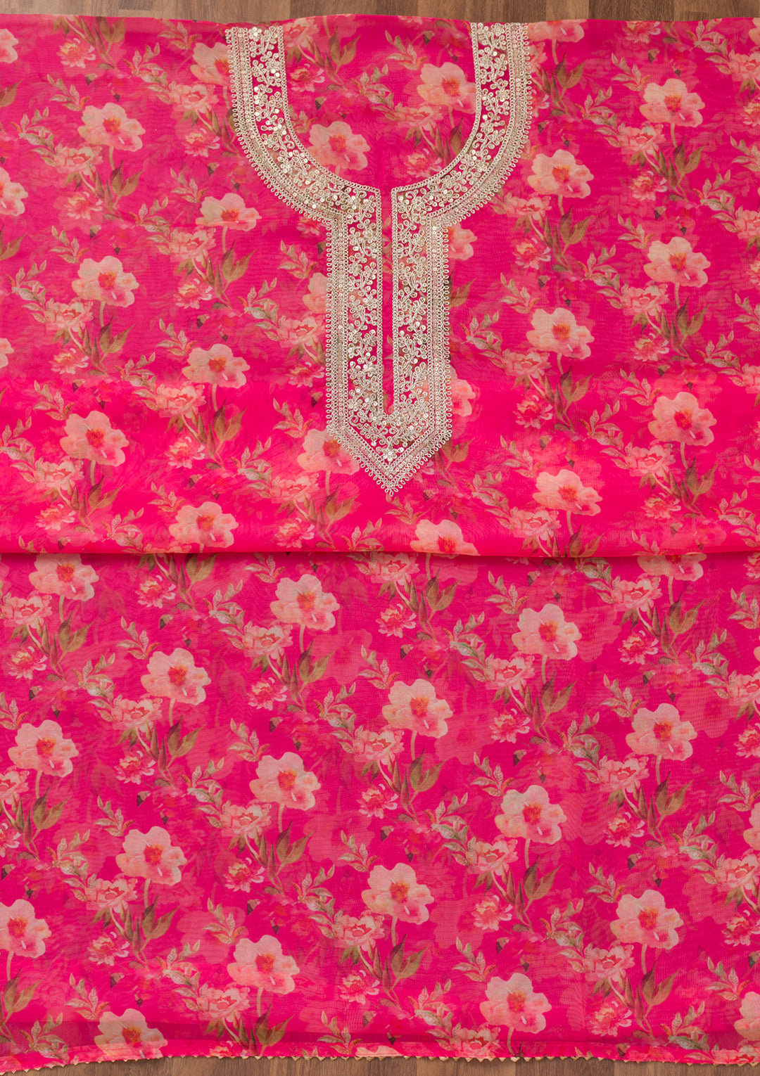 Rani Pink Printed Organza Unstitched Salwar Suit