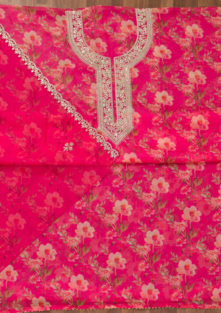 Rani Pink Printed Organza Unstitched Salwar Suit