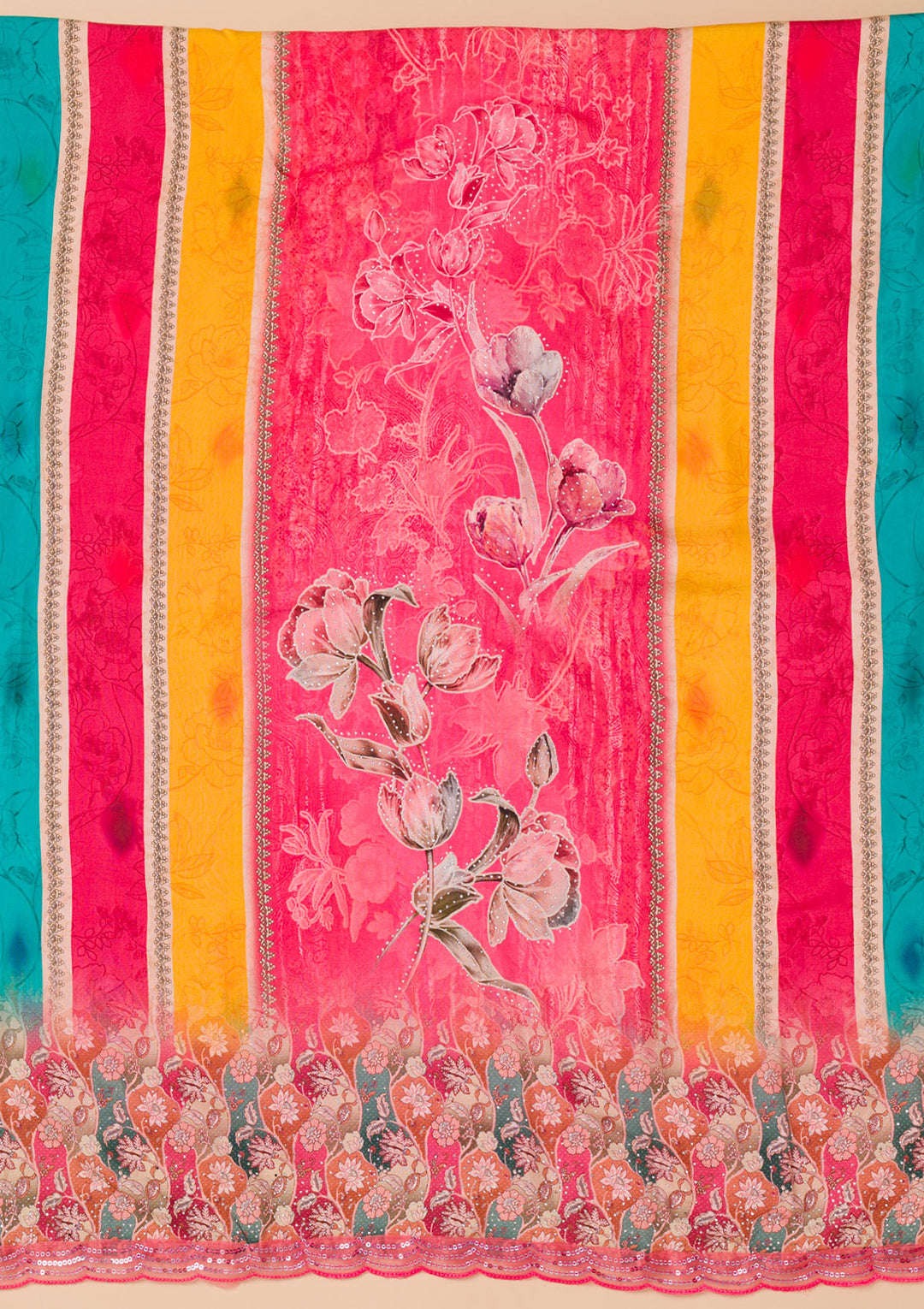 Rani Pink Printed Semi Crepe Unstitched Salwar Suit