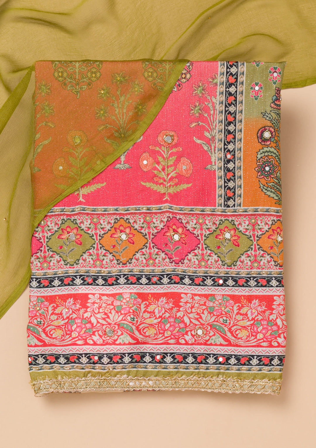 Rani Pink Printed Semi Crepe Unstitched Salwar Suit
