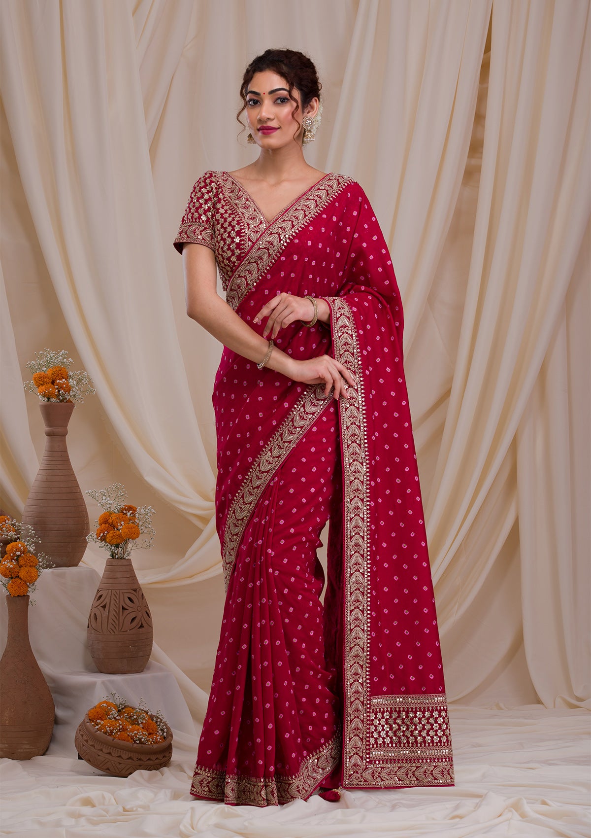 Rani Pink Zari & Sequins Work Raw Silk Saree-Koskii