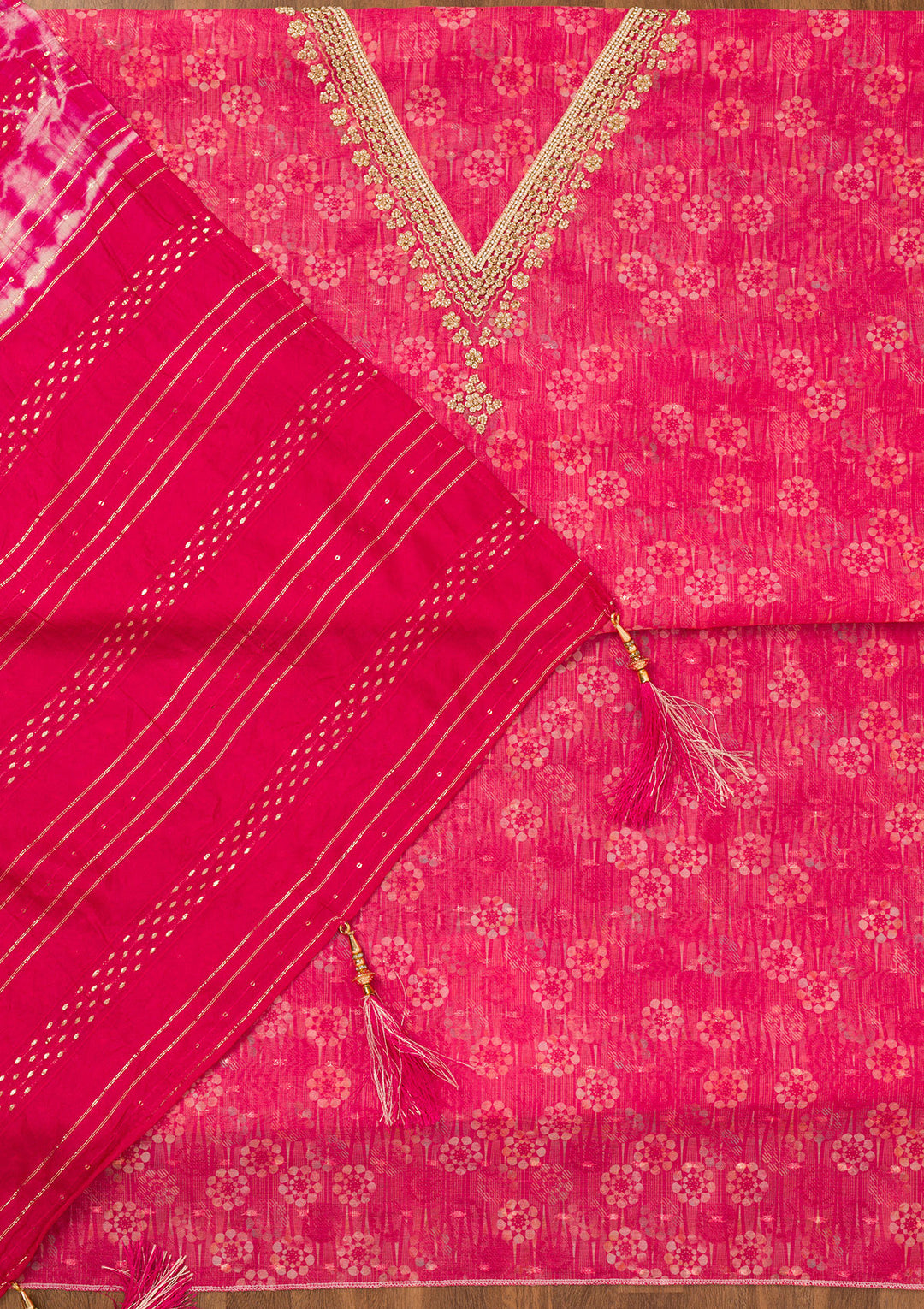 Rani Pink Zariwork Chanderi Unstitched Salwar Suit