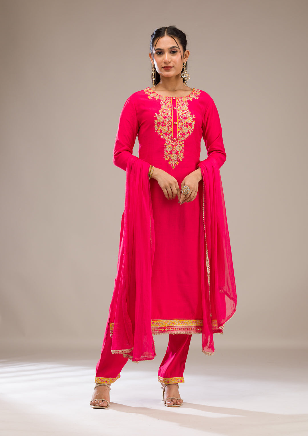 Rani Pink Zariwork Chiffon Readymade Salwar Suit