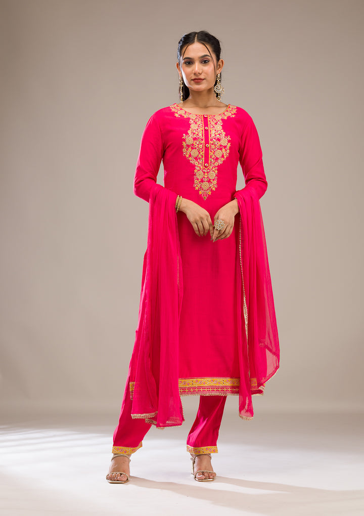 Rani Pink Zariwork Chiffon Readymade Salwar Suit