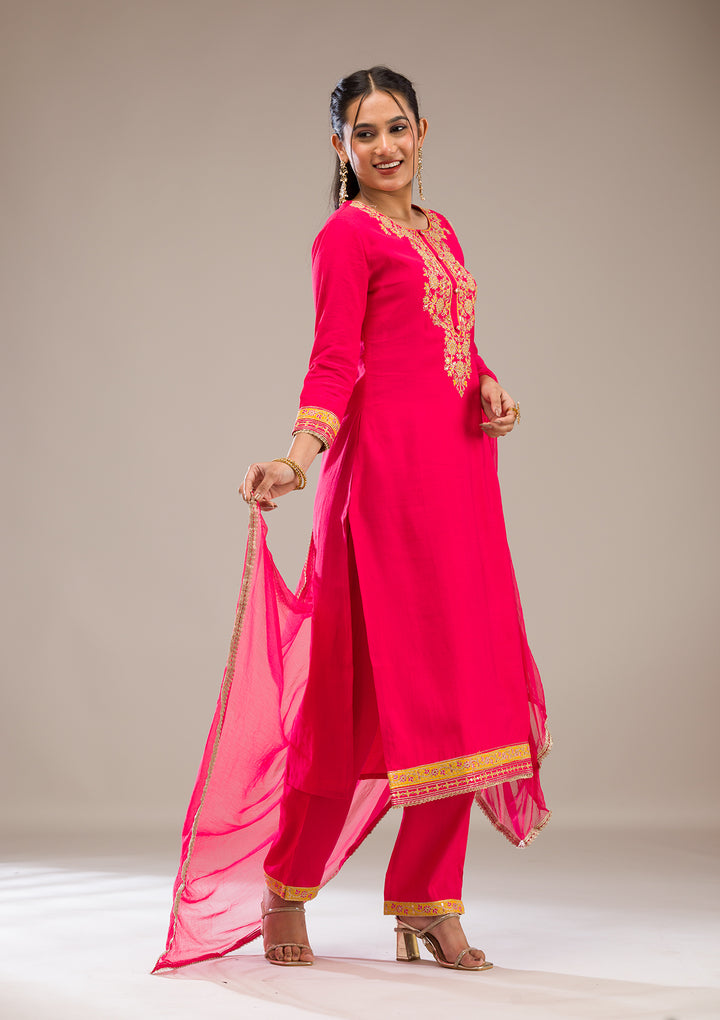 Rani Pink Zariwork Chiffon Readymade Salwar Suit
