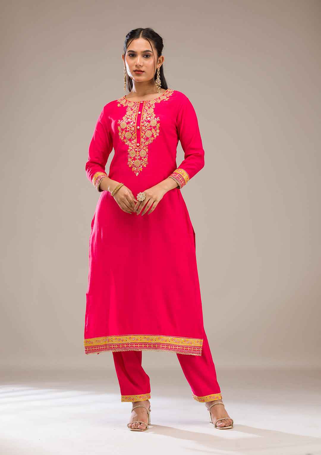 Rani Pink Zariwork Chiffon Readymade Salwar Suit