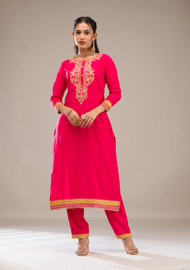 Rani Pink Zariwork Chiffon Readymade Salwar Suit