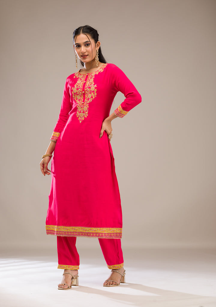 Rani Pink Zariwork Chiffon Readymade Salwar Suit