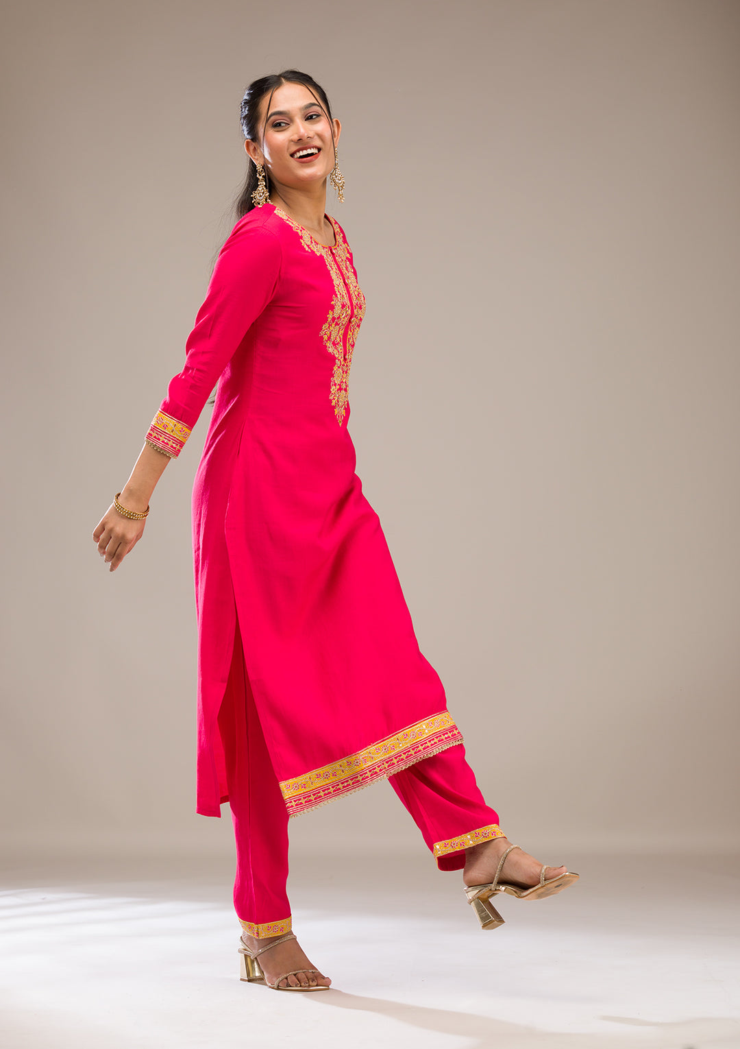 Rani Pink Zariwork Chiffon Readymade Salwar Suit